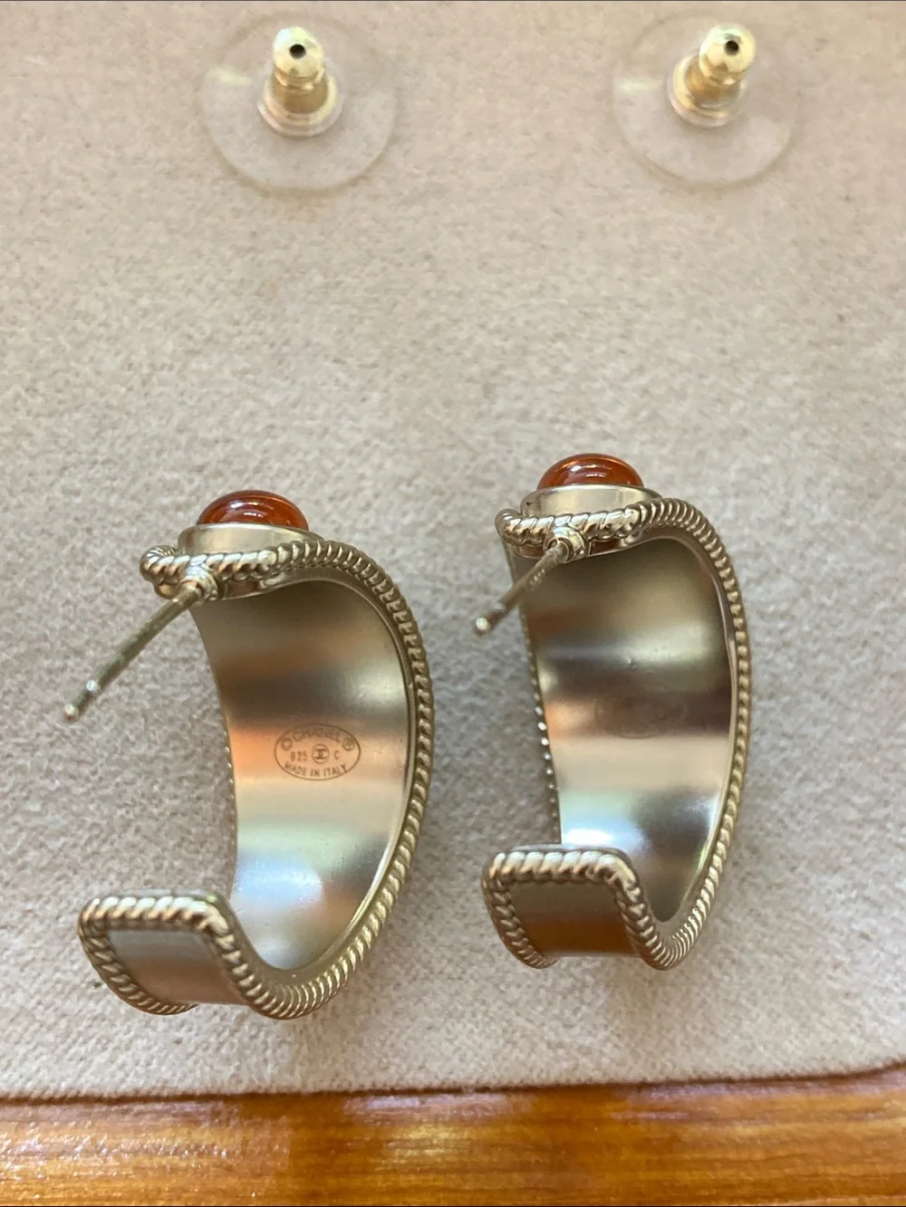 CHANEL Gold-Tone Oval Drop Earrings with Orange Cabochons